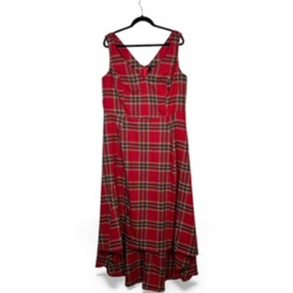 ModCloth Collectif Hi-Low Fit to Flare Red Plaid Sleeveless Dress Size 16